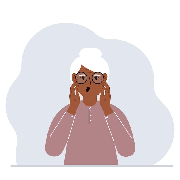 Mujer sorprendida con gafas. Concepto de problema de visión. Ilustración plana vectorial