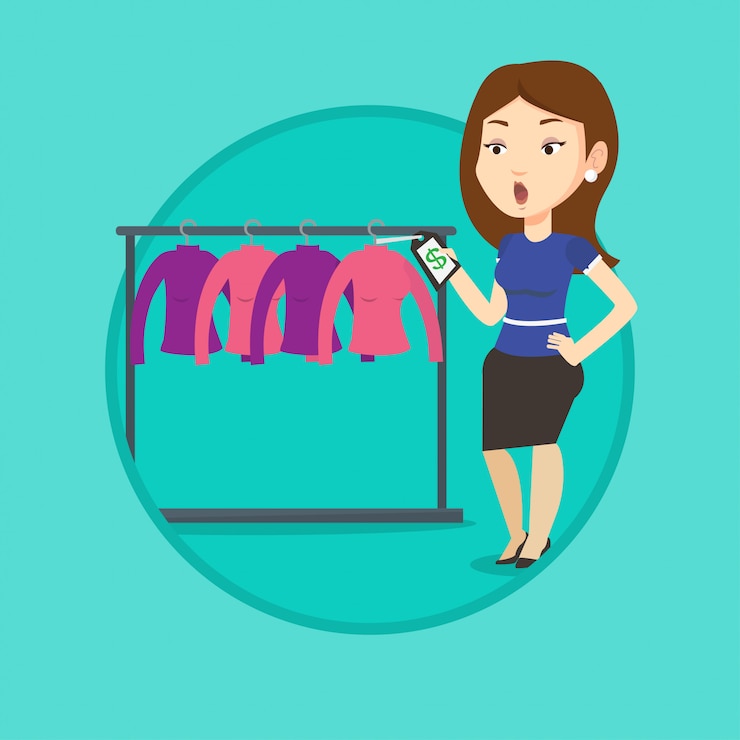 Vector mujer sorprendida por precio en tienda de ropa.