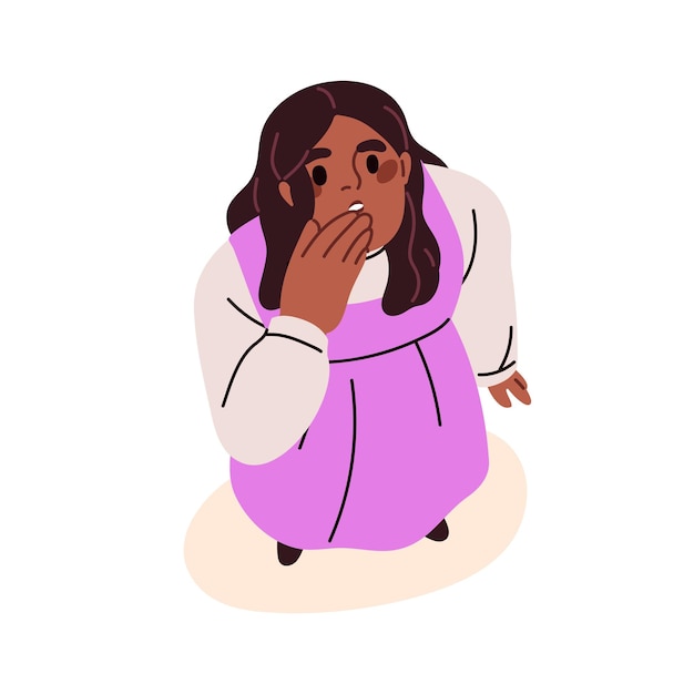 Mujer sorprendida sorprendida mirando hacia arriba Vista de arriba hacia abajo sobre asombradas emociones de miedo rostro femenino Persona sorprendida cubriendo la boca con la palma Ilustración vectorial plana aislada sobre fondo blanco