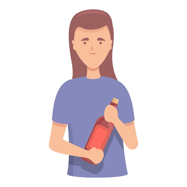 Mujer, sostenga, botella de vino, icono, caricatura, vector, vidrio, sommelier, bebida cóctel