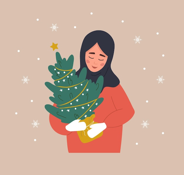 Mujer sosteniendo un árbol de Navidad en una olla Chica árabe sonriente preparándose para las vacaciones de invierno Gente comprando abeto de Navidad en la feria Tarjeta postal de Año Nuevo Ilustración vectorial en estilo de dibujos animados plano