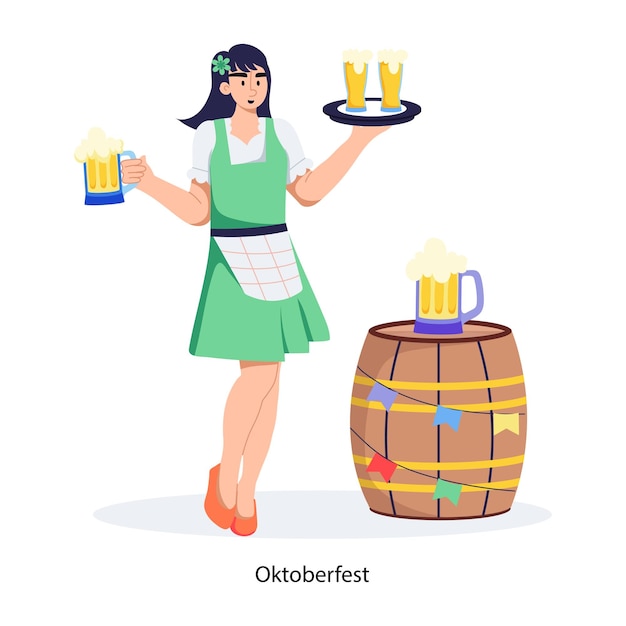 una mujer sosteniendo una bandeja de cerveza y un barril de cerveza
