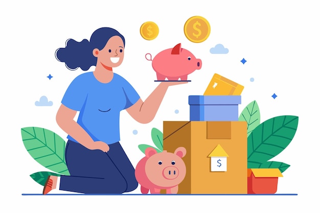 Vector una mujer sosteniendo una bandeja con una estatuilla de cerdo y una alcancía en una habitación simple una mujer ahorrando dinero para la alcancía y una caja ilustración vectorial plana simple y minimalista