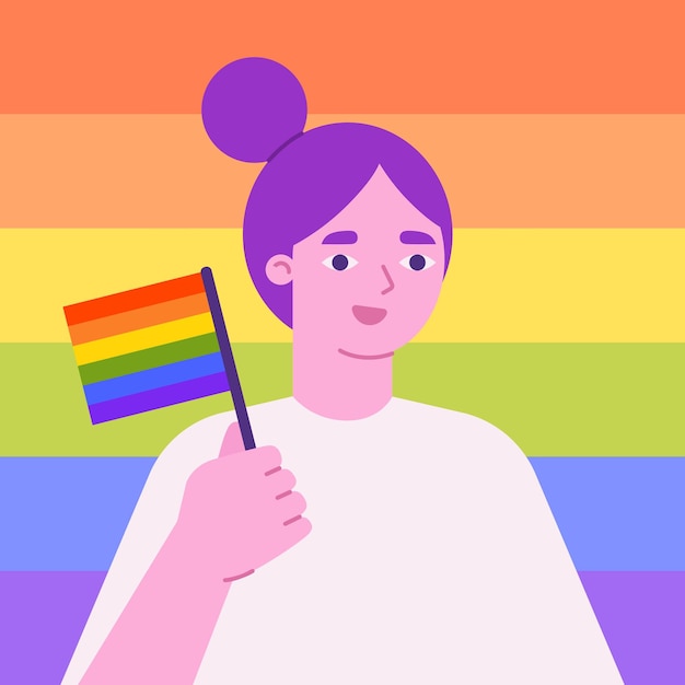 Vector mujer sosteniendo la bandera del orgullo fondo del arco iris ilustración vectorial concepto del mes del orgullo