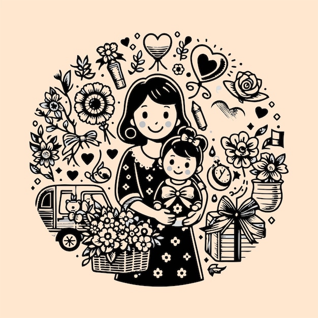 una mujer sosteniendo a un bebé frente a un dibujo de una mujer sosteniendo a un bebé