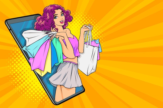 Mujer sosteniendo bolsas de compras en línea concepto de tienda pop art comic style