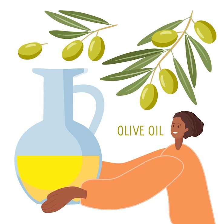 Vector mujer sosteniendo una botella de aceite de oliva. botella de aceite de oliva, ramas de olivo