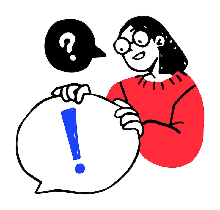 Vector mujer sosteniendo burbujas de habla con signos de pregunta y exclamación
