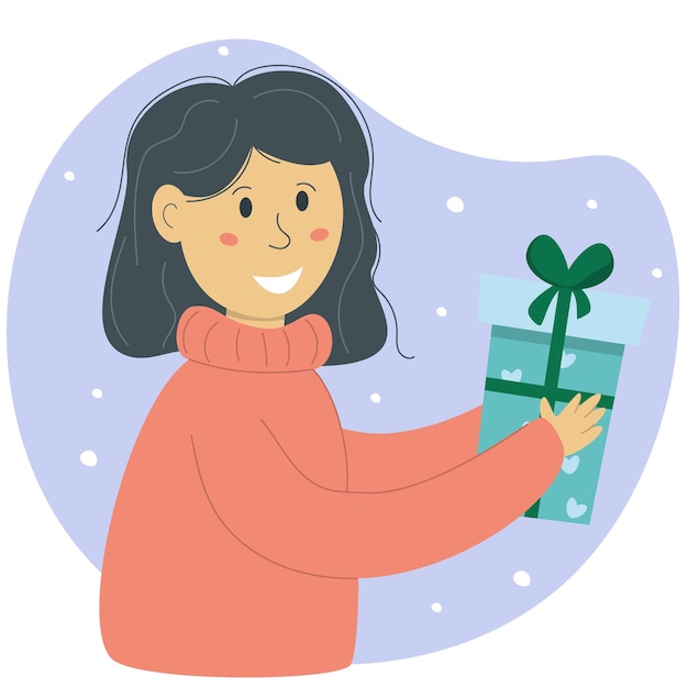 Mujer sosteniendo una caja de regalos con una ilustración festiva de invierno