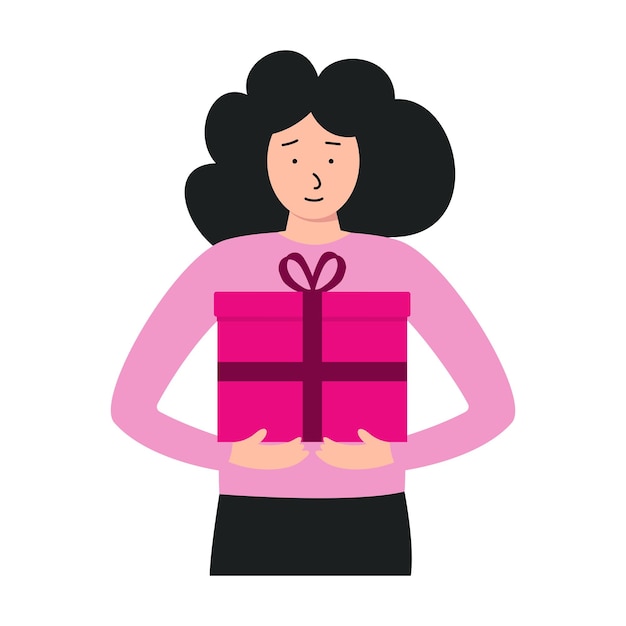 Mujer sosteniendo una caja de regalos rosa en casa durante una ocasión festiva