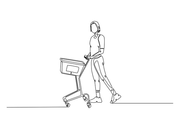 Mujer sosteniendo un carrito de compras en una ilustración continua de dibujo de una línea