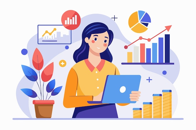 Una mujer sosteniendo una computadora portátil con un gráfico de inversión de marketing mostrado en la pantalla mujer con un grafo de inversión de mercadotecnia eficacia de la inversión de marketing Ilustración vectorial plana simple y minimalista