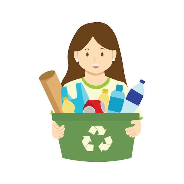una mujer sosteniendo un contenedor verde lleno de basura y una lata de basura de plástico en él