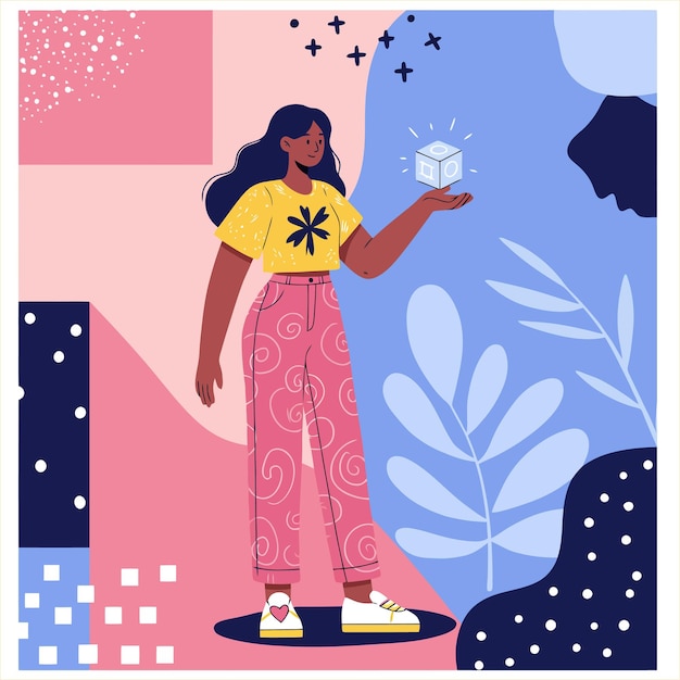 Mujer sosteniendo un cubo brillante con formas geométricas en fondo abstracto