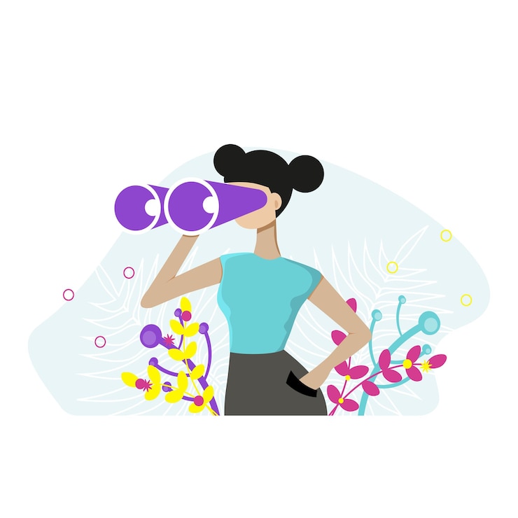 Vector mujer sosteniendo enormes binoculares y mirando hacia el futuro. ilustración de vector de observación, descubrimiento, concepto futuro. ilustración de vector plano.