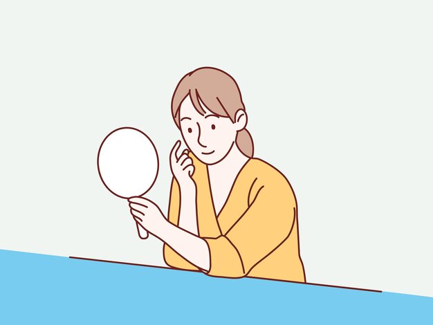 Mujer sosteniendo un espejo en su mano toque la cara ilustración de estilo coreano simple