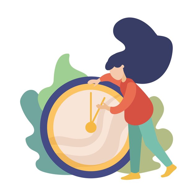 Mujer sosteniendo las flechas del reloj y administrando el tiempo de trabajo