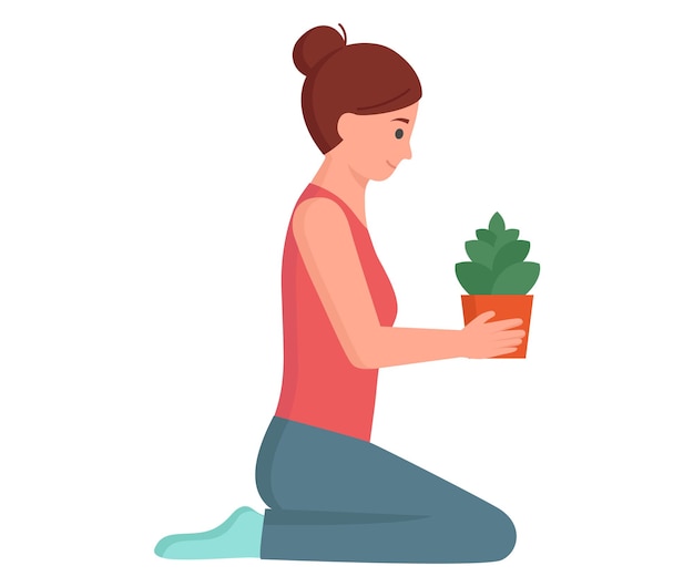 Mujer sosteniendo una flor solitaria e inhalando su aroma Vector jardinero con tulipán rojo en estilo de dibujos animados Linda chica inclinada para recoger flores Florista recoge ramo de hermosas plantas con flores de primavera