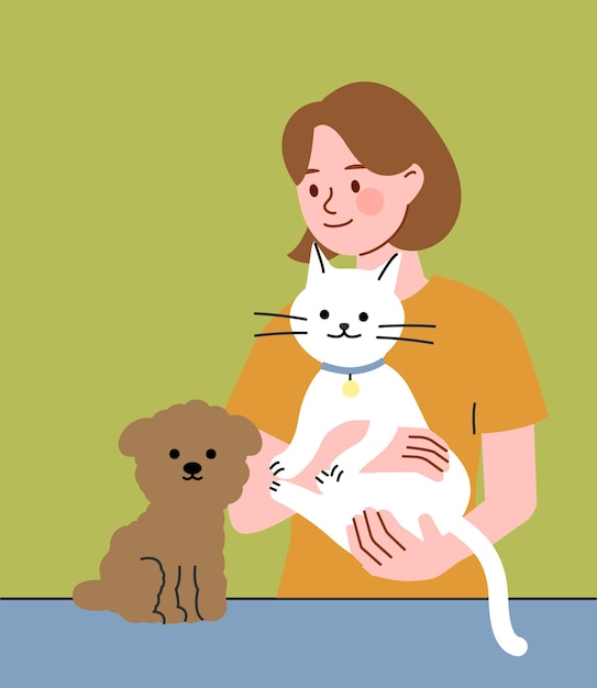 Mujer sosteniendo un gato blanco y un perro marrón