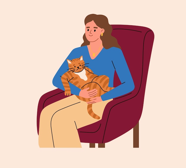 Mujer sosteniendo gato peludo a rayas de jengibre y sentado propietario de icat ilustración de vector plano de dibujos animados de mascotas