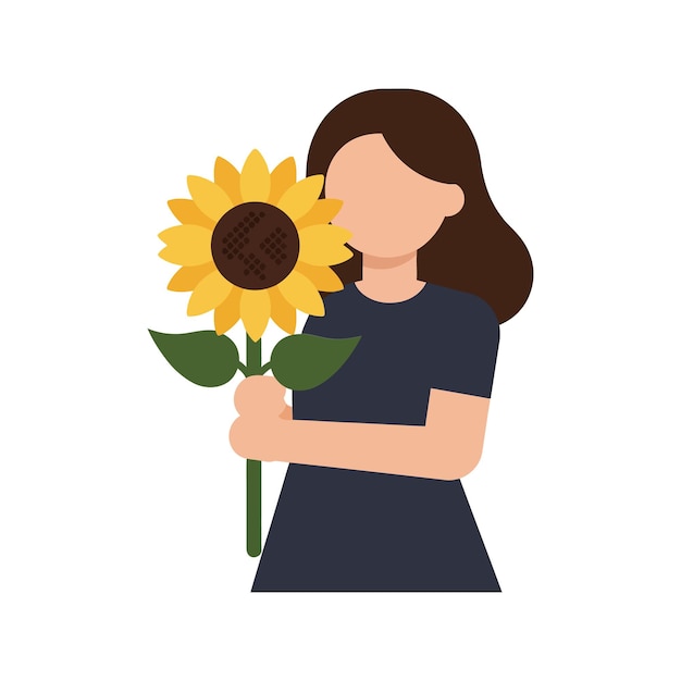 Mujer sosteniendo un girasol en una ilustración vectorial plana y mínima