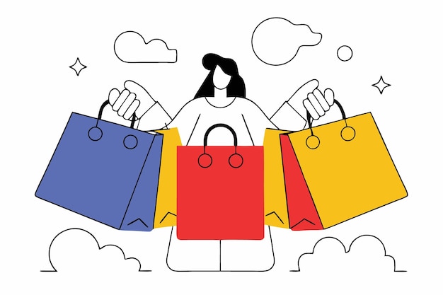 Mujer sosteniendo una gran cantidad de bolsa de compras Venta de comprador concepto de ilustración de arte sobre fondo blanco