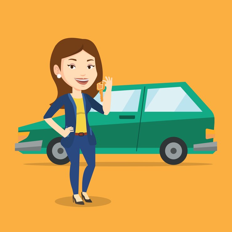 Vector mujer sosteniendo las llaves de su auto nuevo.