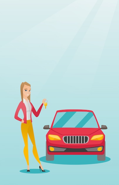 Mujer sosteniendo las llaves de su nuevo coche.