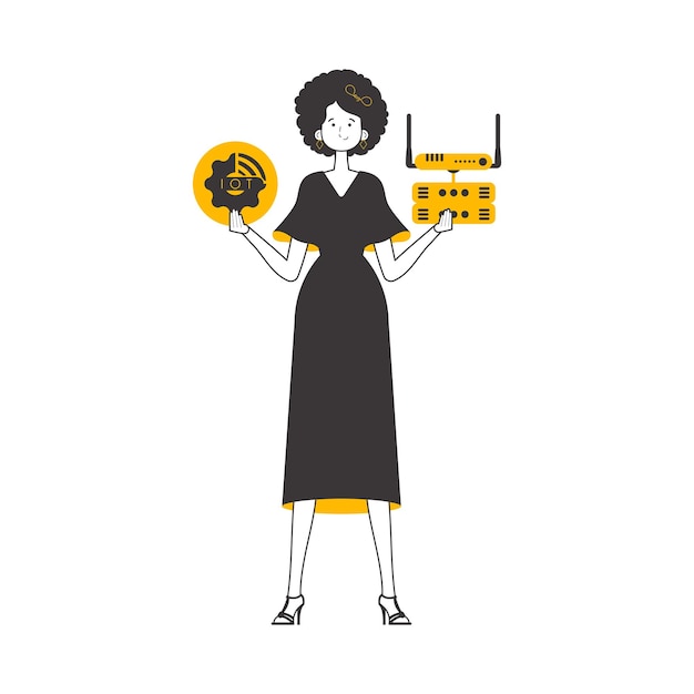 Mujer sosteniendo el logotipo de IOT en sus manos Estilo lineal aislado sobre fondo blanco Vector