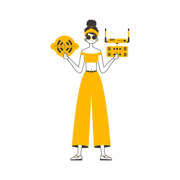 Mujer sosteniendo el logotipo de IOT en sus manos Vector aislado de estilo lineal de moda