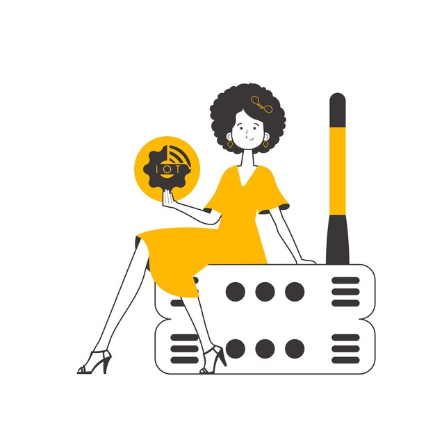 Mujer sosteniendo el logotipo de IOT en sus manos Vector aislado de estilo moderno lineal