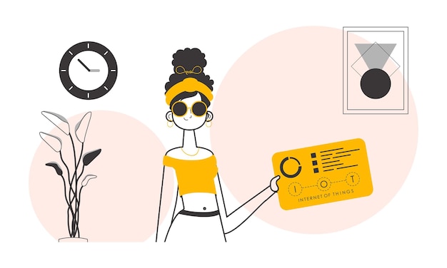Mujer sosteniendo el logotipo de IOT en sus manos Vector de estilo Lineart