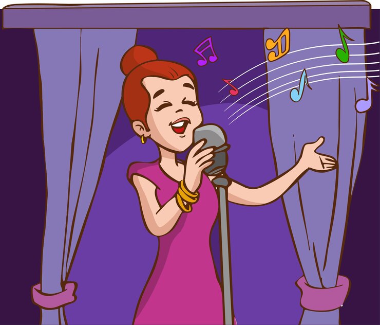 Vector mujer sosteniendo el micrófono en el escenario cantando en un bar de karaoke o club nocturno vocalista personaje femenino divertido.