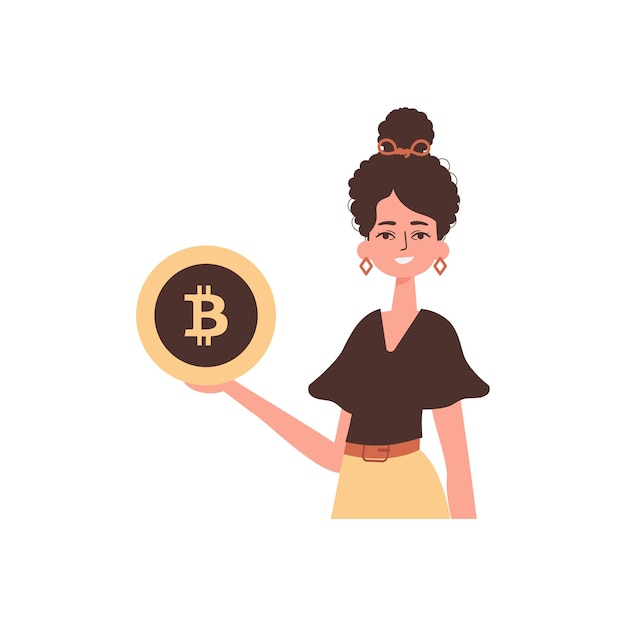 Mujer sosteniendo una moneda de bitcoin en sus manos Personaje en estilo de moda