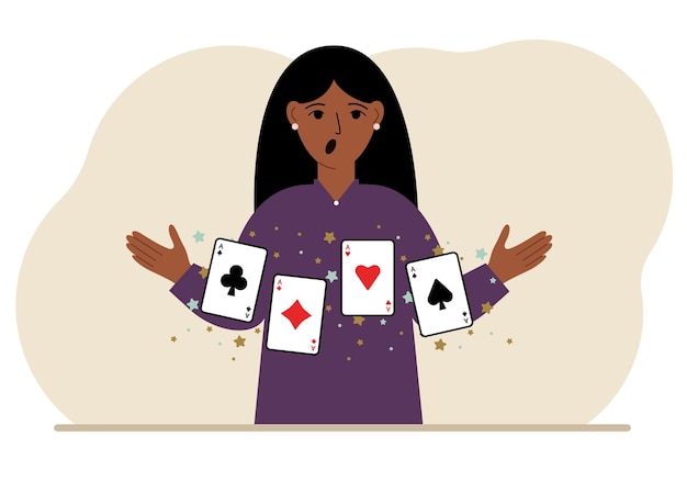 Mujer sosteniendo naipes jugando a las cartas Combinación de 4 ases o cuatro de una clase