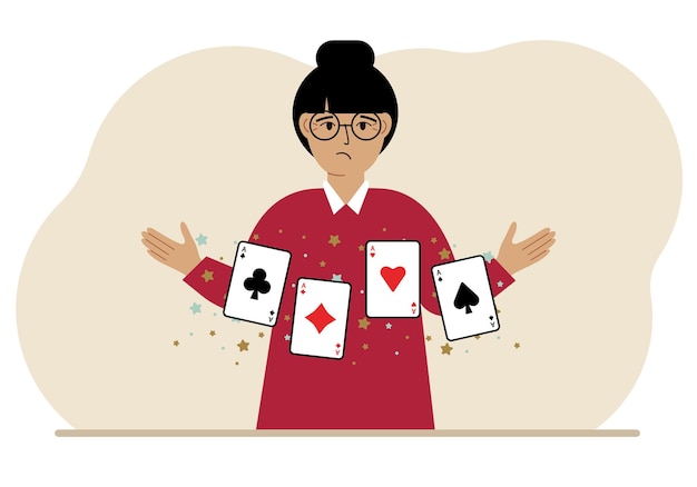 Mujer sosteniendo naipes jugando a las cartas Combinación de 4 ases o cuatro de una clase