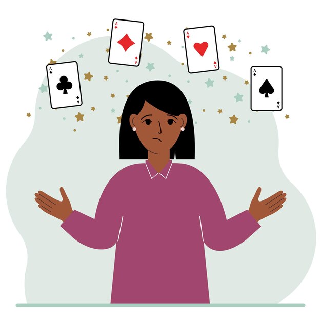 Mujer sosteniendo naipes jugando a las cartas Combinación de 4 ases o cuatro de una clase