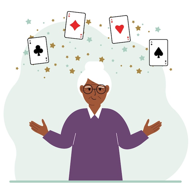 Mujer sosteniendo naipes jugando a las cartas combinación de 4 ases o cuatro de una clase