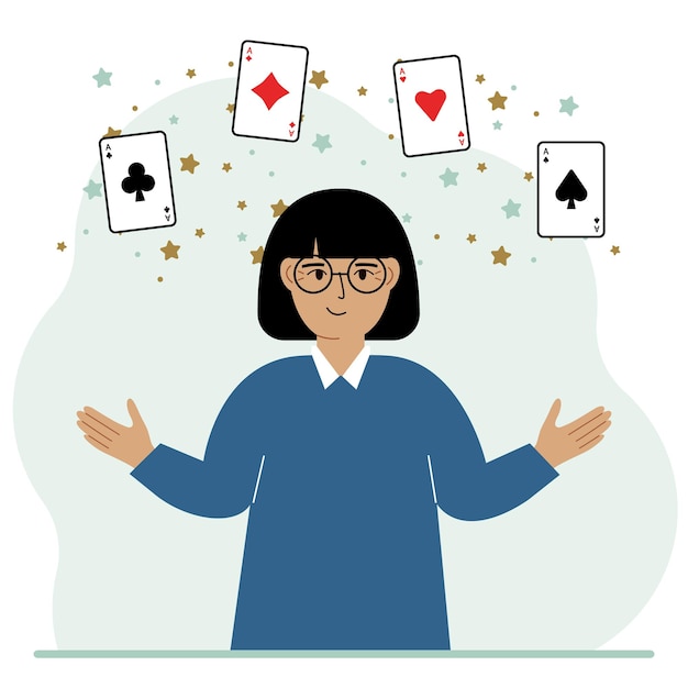 Mujer sosteniendo naipes jugando a las cartas Combinación de 4 ases o cuatro de una clase