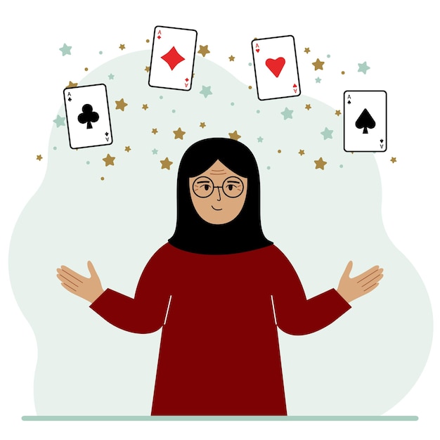 Mujer sosteniendo naipes jugando a las cartas Combinación de 4 ases o cuatro de una clase