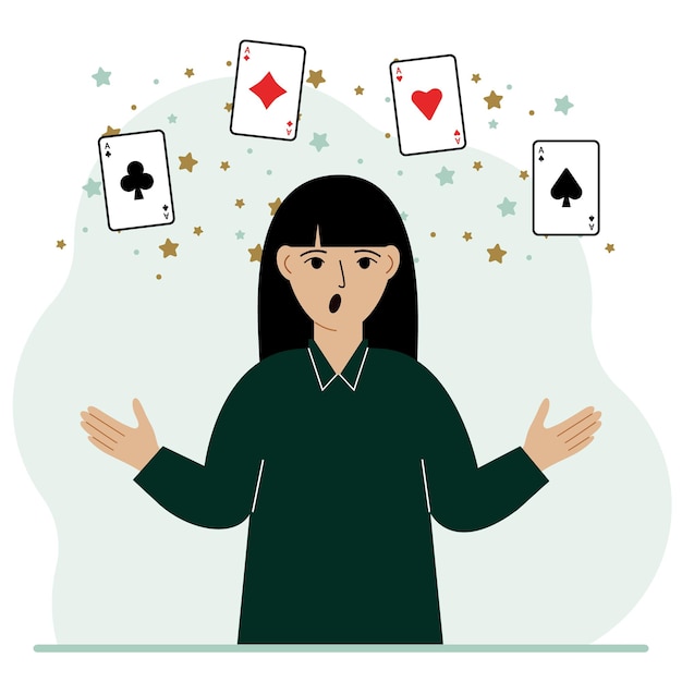 Mujer sosteniendo naipes jugando a las cartas Combinación de 4 ases o cuatro de una clase