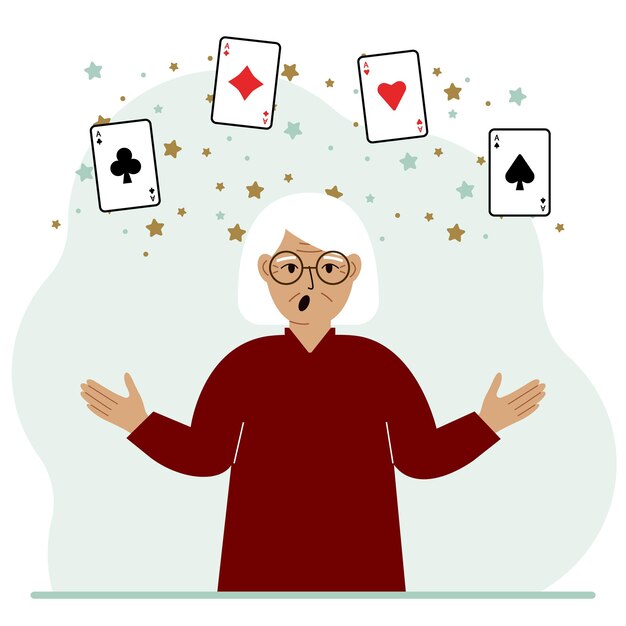 Mujer sosteniendo naipes jugando a las cartas Combinación de 4 ases o cuatro de una clase