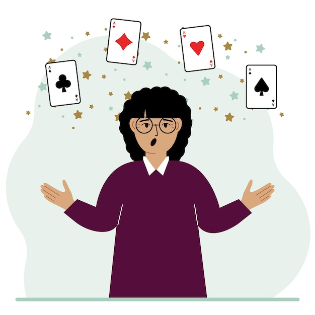 Vector mujer sosteniendo naipes jugando a las cartas combinación de 4 ases o cuatro de una clase