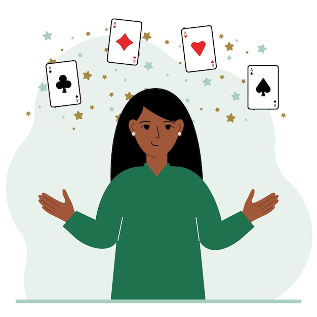 Mujer sosteniendo naipes jugando a las cartas Combinación de 4 ases o cuatro de una clase