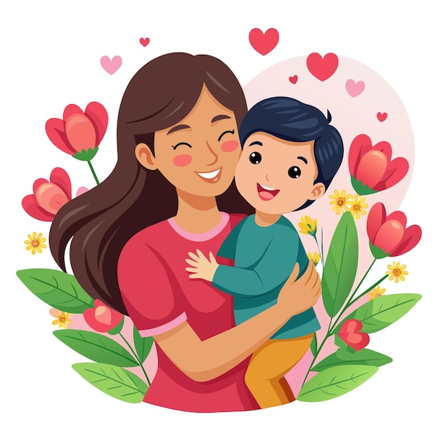 una mujer sosteniendo a un niño con un corazón en el pecho