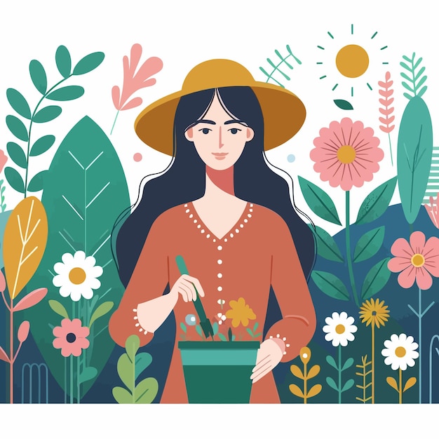 una mujer sosteniendo una olla de flores y una imagen de una niña sosteniendo un flor