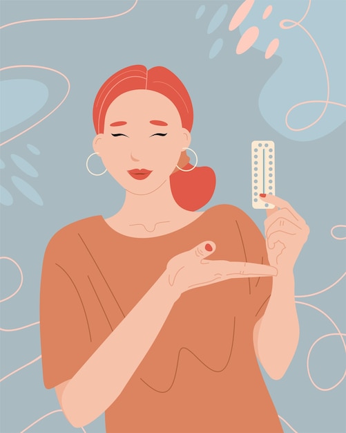 Mujer sosteniendo píldoras anticonceptivas orales en blister. concepto de método anticonceptivo.