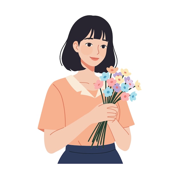 Mujer sosteniendo un ramo de flores en un diseño plano de arte vectorial