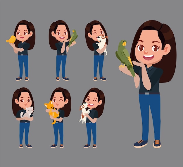 Vector una mujer sosteniendo un ramo de flores y un gato