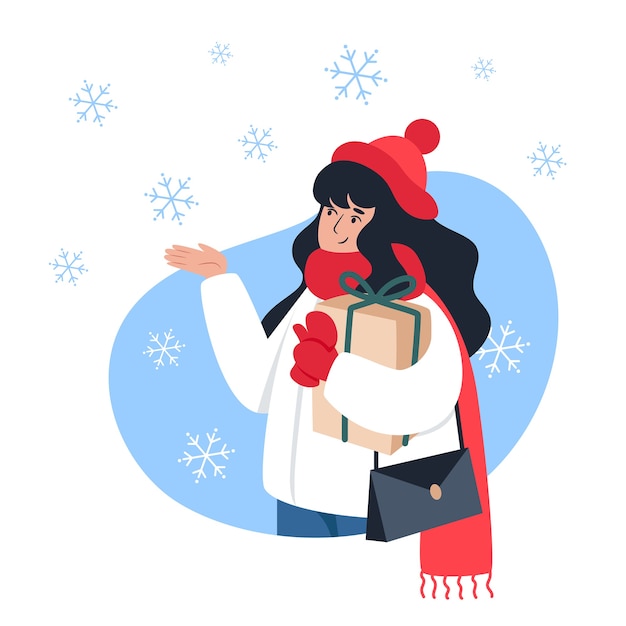 Vector mujer sosteniendo un regalo y coge copos de nieve con su mano, paseo invernal, humor navideño